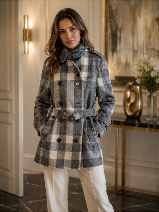 Burberry Jackets & Blazers - Burberry Women's Gray Plaid Belted Wool-Blend Coat
